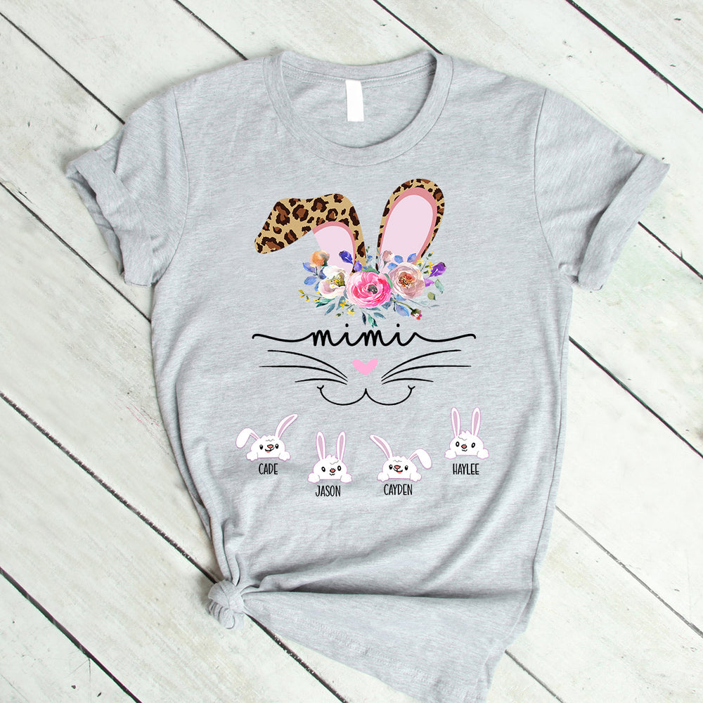 Personalized T-Shirt For Grandma Mimi Bunny Leopard Design Flower Printed Custom Grandkids Name Easter Day Shirt