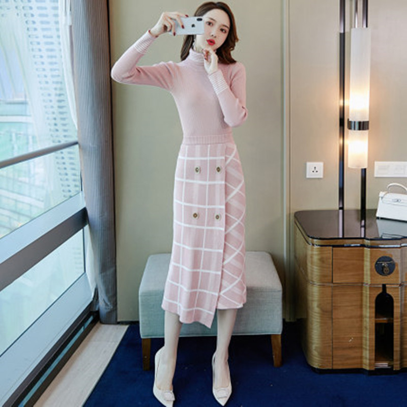 Spring Runway Designer Women Sweater Skirt 2Pcs Set 2022 Autumn Winter High Neck Knit Top+Plaid Skirt Suit Set Lady Twinset alx