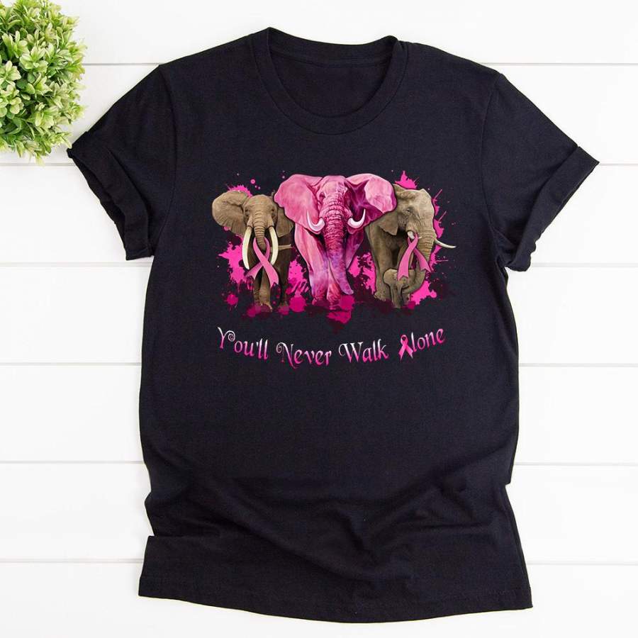 Elephants Breast Cancer You’ll Never Walk Alone Black Cotton T Shirt For Men and Women S-6XL