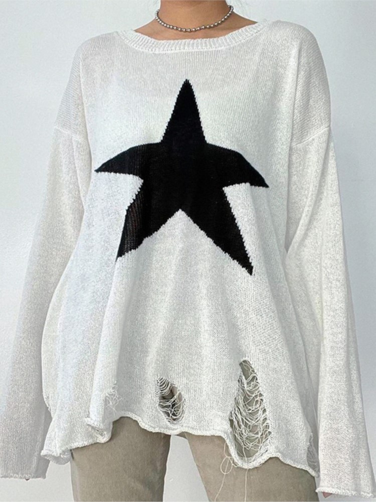 2022 Autumn Simple Black And White Star Woolen Blouse Women’s Fashion All-match Ripped Loose Outer Wear Long Sleeves alx