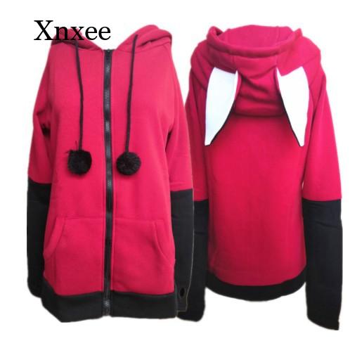 Winter and Autumn Hoodie Women’s Casual Pure Color Cat Cute Long Sleeve Zipper Pocket Warm Hooded Sweater Jacket alx