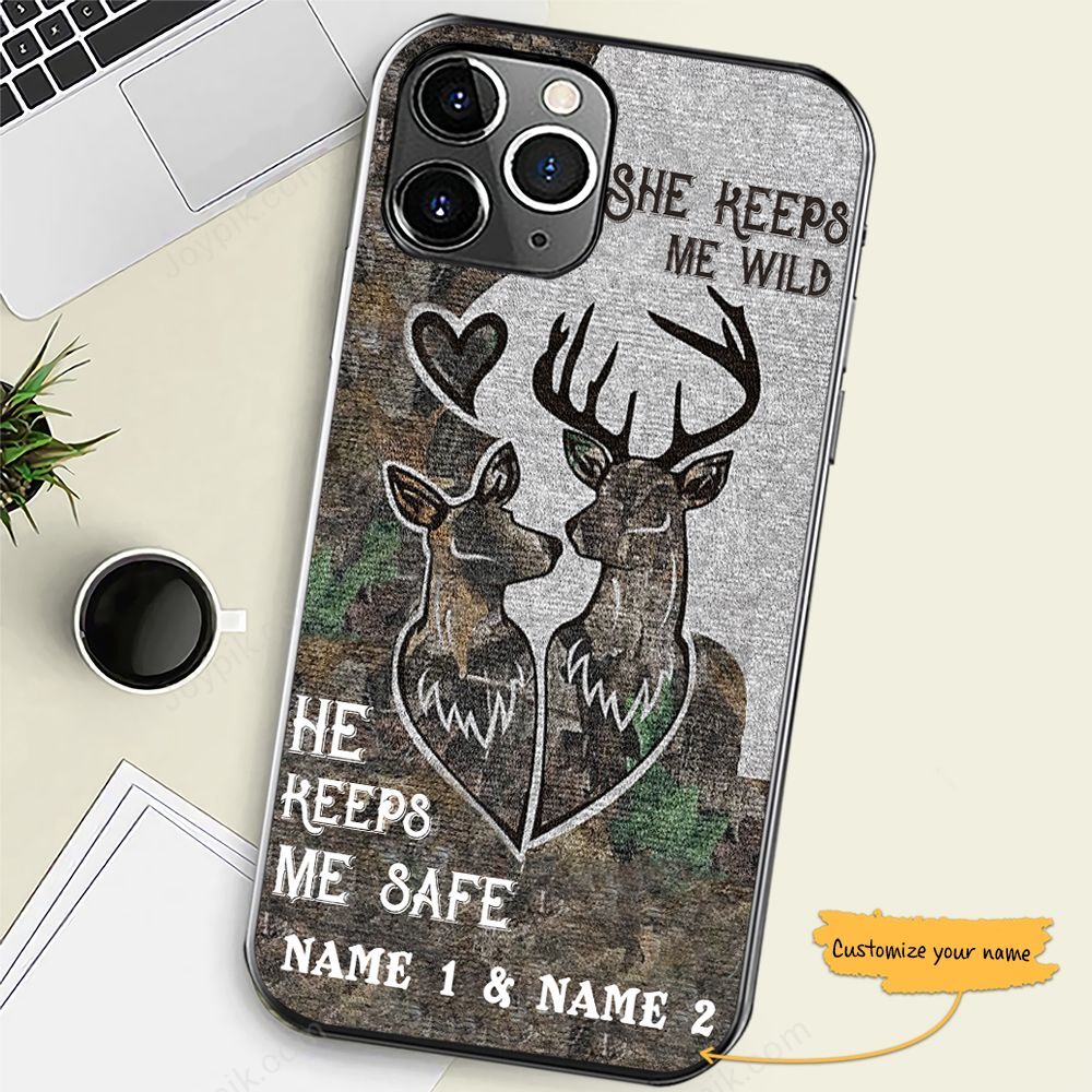 Personalized She Keeps Me Wild He Keeps Me Safe Hunting Couple Phone Case