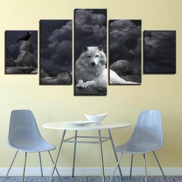 White Wolf Dark Clouds Animal 5 Panel Canvas Art Wall Decor