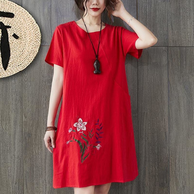 2022 New Arrival Plus Size Loose Summer Dress Cotton Linen Embroidery Floral Vintage Office Lady Work Dress Women Casual Dress alx