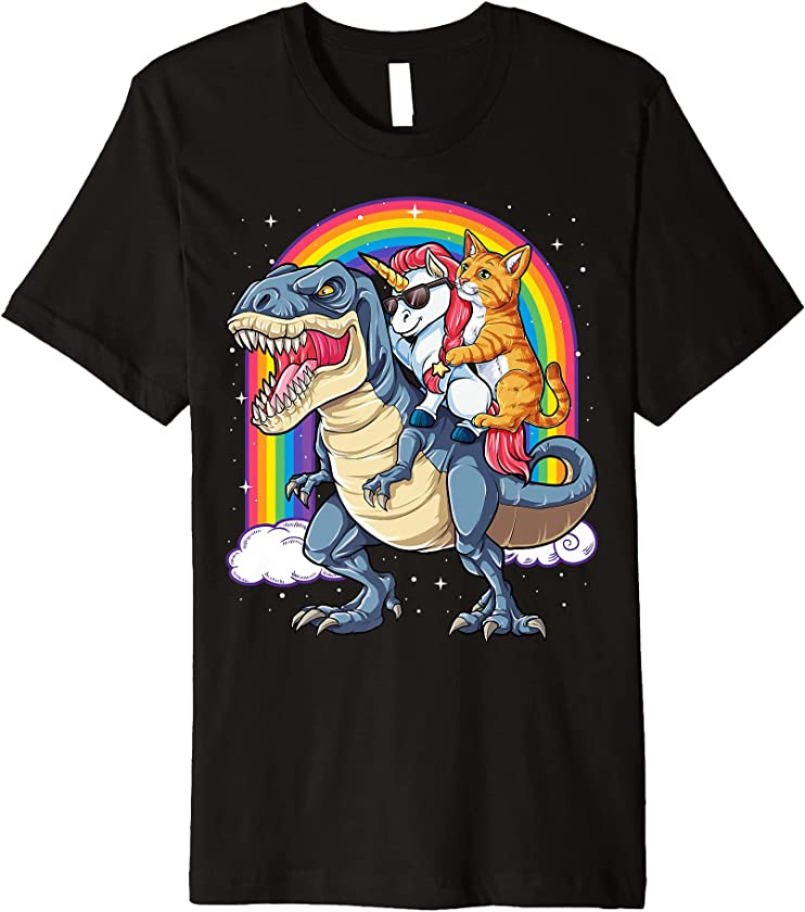 Cat Unicorn Riding Dinosaur T rex Kitten Lover Space Galaxy Premium T-Shirt