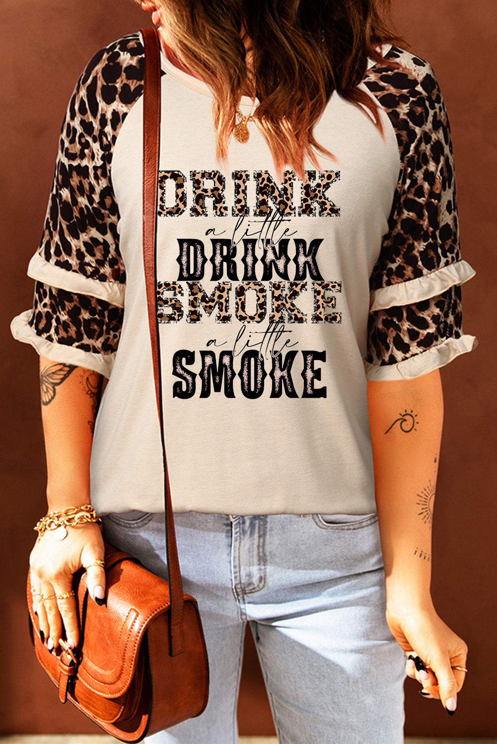 Drink Smoke Leopard Letter Print Half Sleeve T Shirt