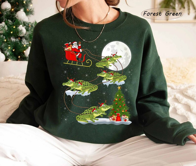 Lighting Tree Santa Riding Alligator Christmas Sweatshirt 2D Crewneck Sweatshirt All Over Print Sweatshirt For Women Sweatshirt For Men Sws5088