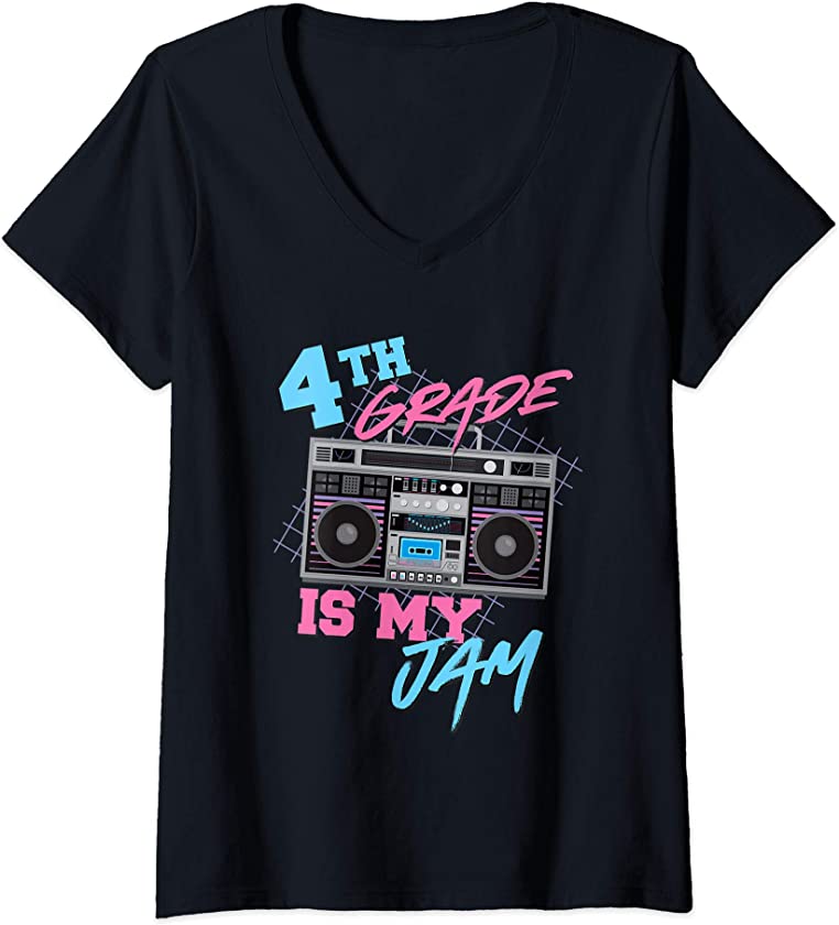 Womens 4th Grade Is My Jam – Vintage 80s Boombox Teacher Student V-Neck T-Shirt