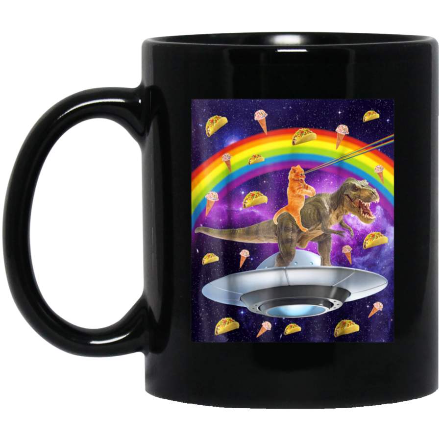 Taco Kitty Rainbow Laser Eye T-Rex Riding Space Cat Black Mugs