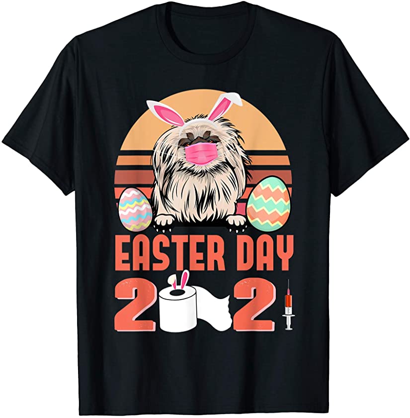 Pekingese Dog Face Mask Rabbit Bunny Egg Easter Day 2021 T-Shirt