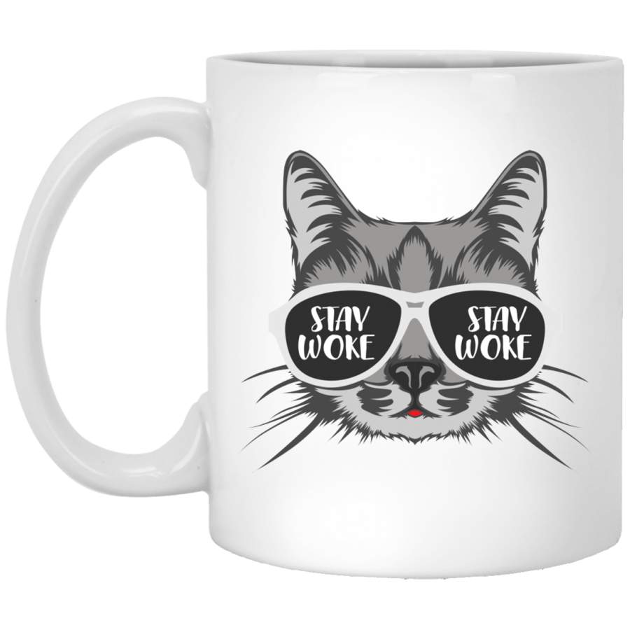 African American Coffee Mug Cat Stay Woke Wear A Glasses 11oz – 15oz White Mug