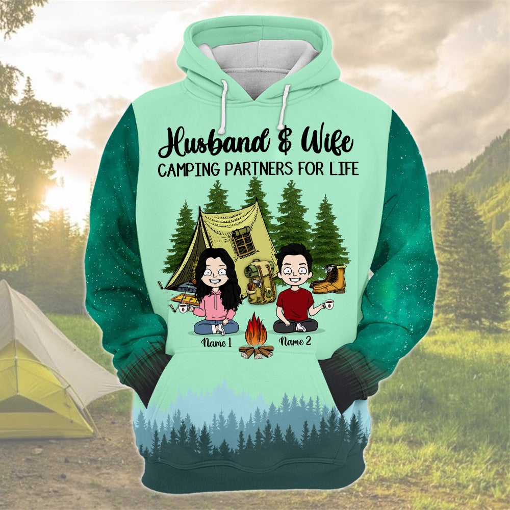 Personalized Husband And  Wife Camping Partners For Life 3D Shirt Funny Couple Camping 3D All Over Print Shirt Hoodie Zip Hoodie