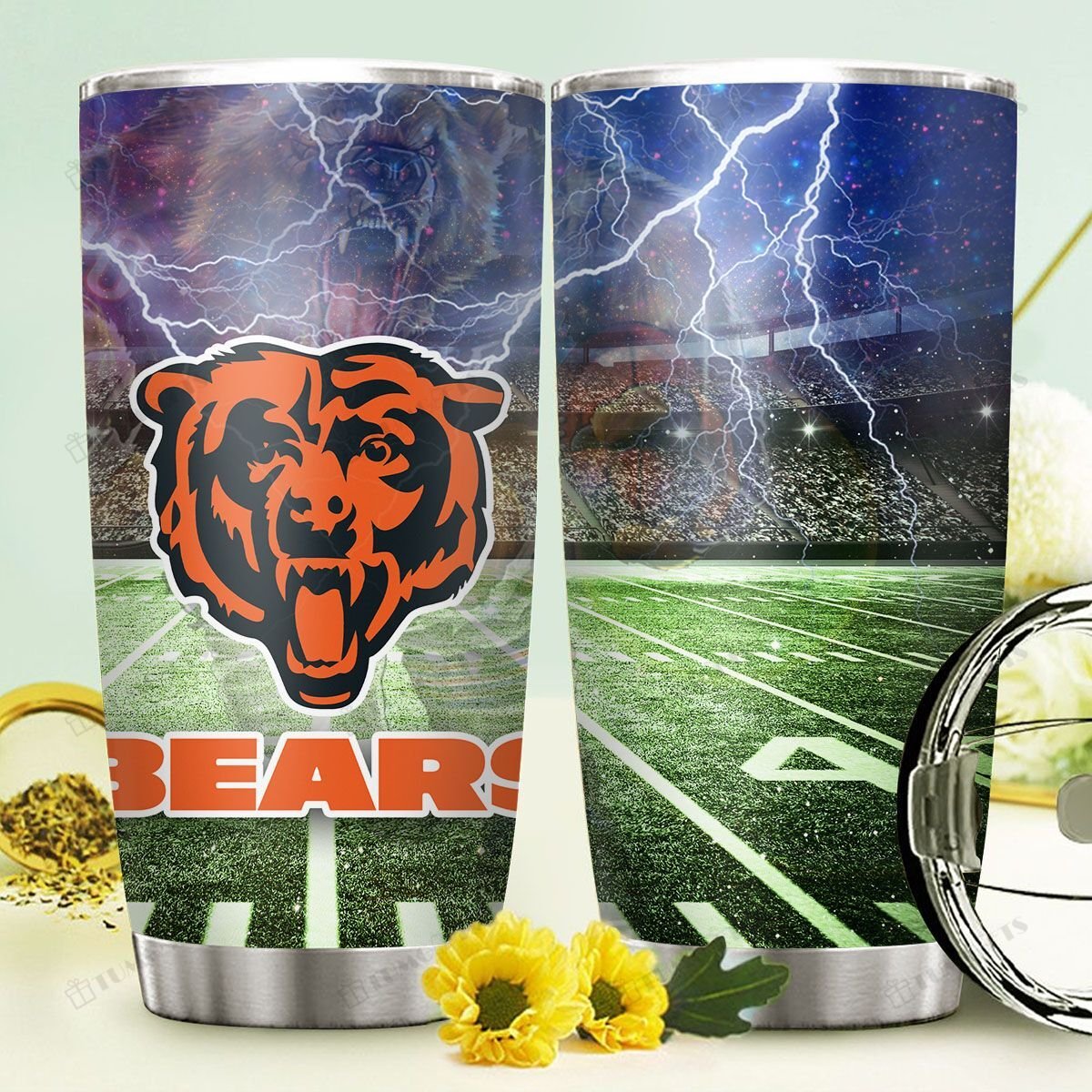 Buy Chicago Bears American Football Team Logo On Stadium Background Stainless Steel Tumbler