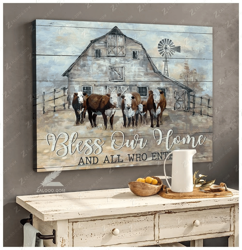 Bless Our Home Cow Wall Art Canvas Gift For Family, Wall Art Decor, Canvas Print, Home Decor