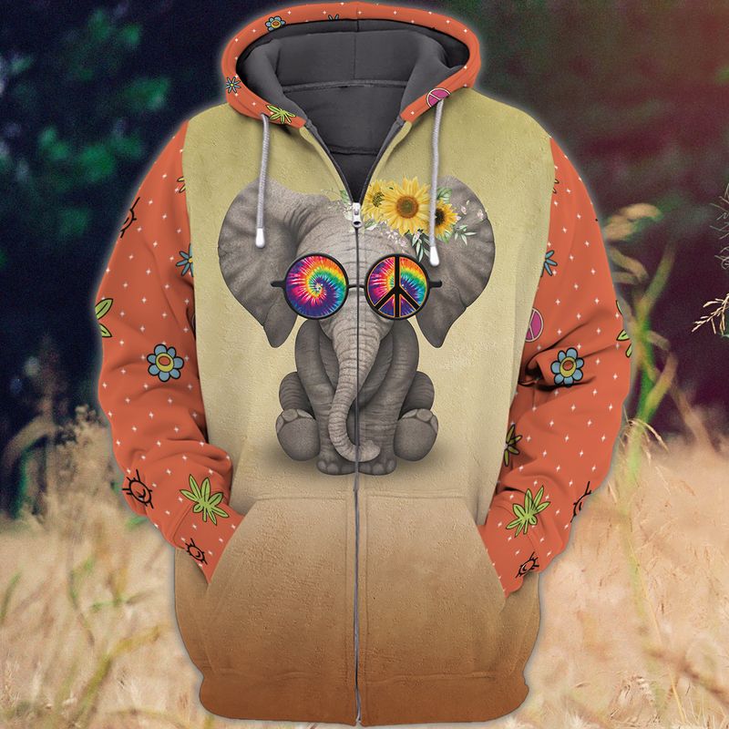 Hippie Elephant Peace And Love 3D Full Print Zipper Hoodie