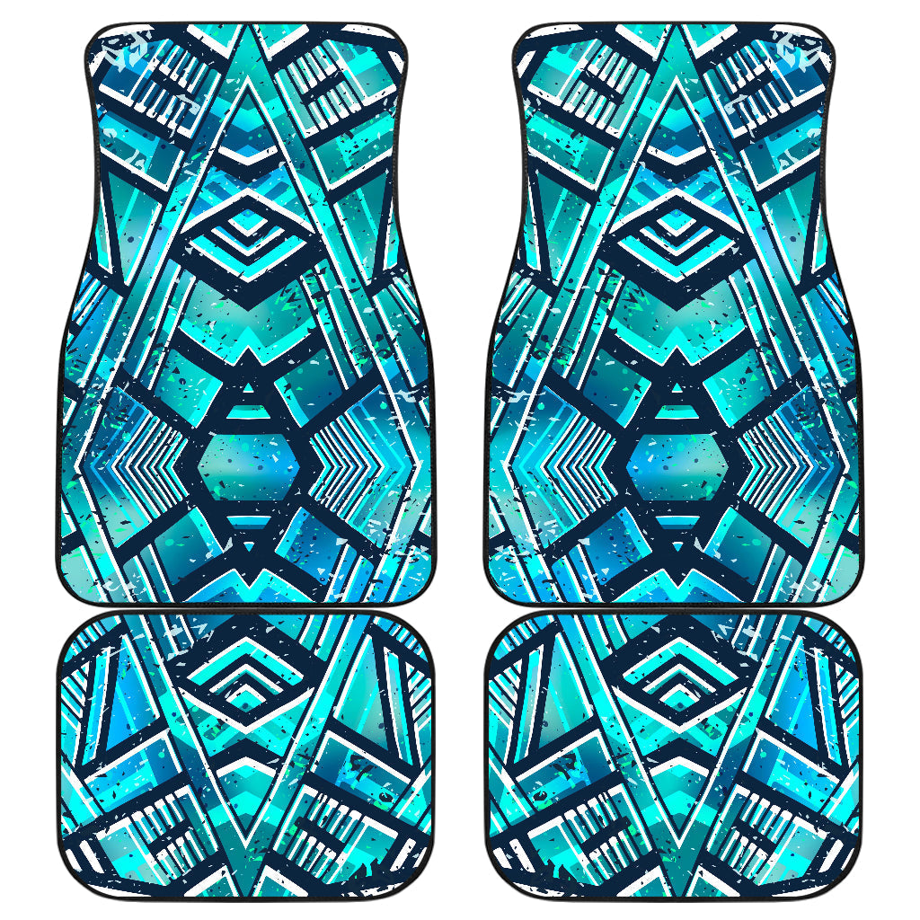 Turquoise Ethnic Aztec Trippy Print Front And Back Car Floor Mats, Front Car Mat