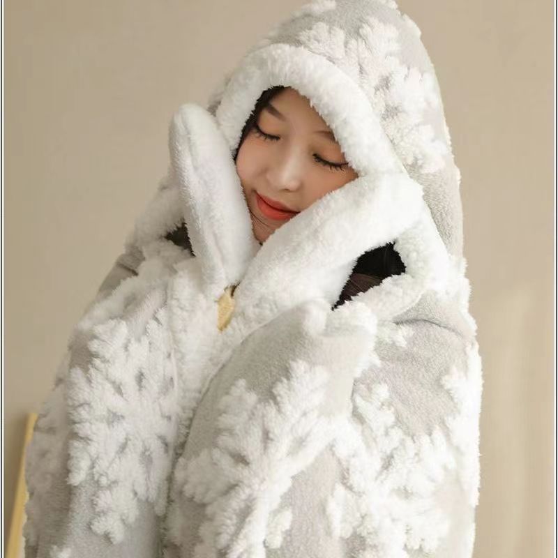 Winter Oversized Hoodies Sweatshirt Cute Cartoon Snowflake Super Long Hooded Blanket Flannel Giant Lazy TV Blanket Pajamas alx