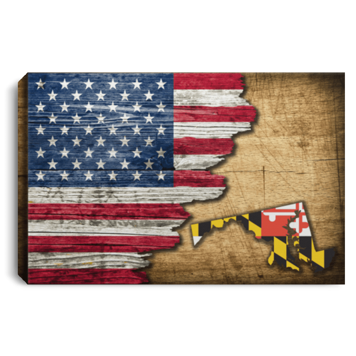 United States/Maryland Flag Ripped Effect 12X8 Inches Landscape Canvas .75In Frame