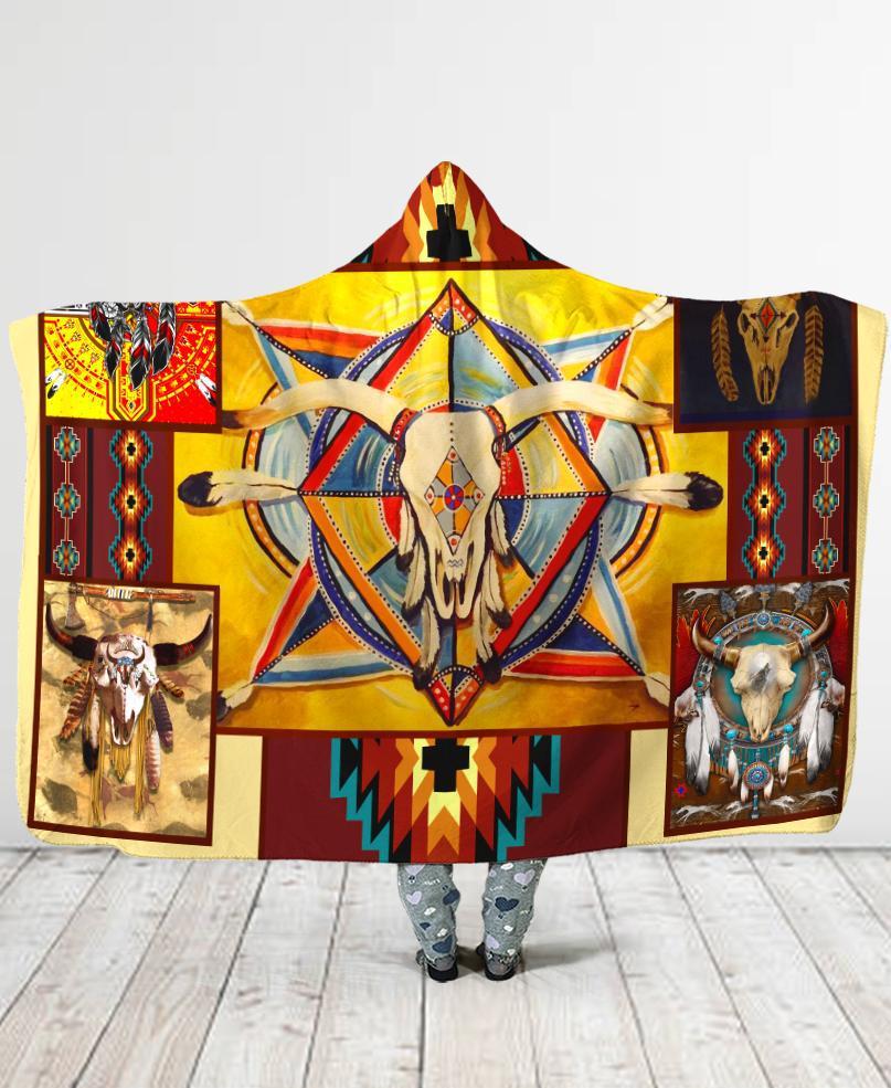 Welcomenative Native Buffalo Pattern Hooded Blanket, All Over Print, Native American