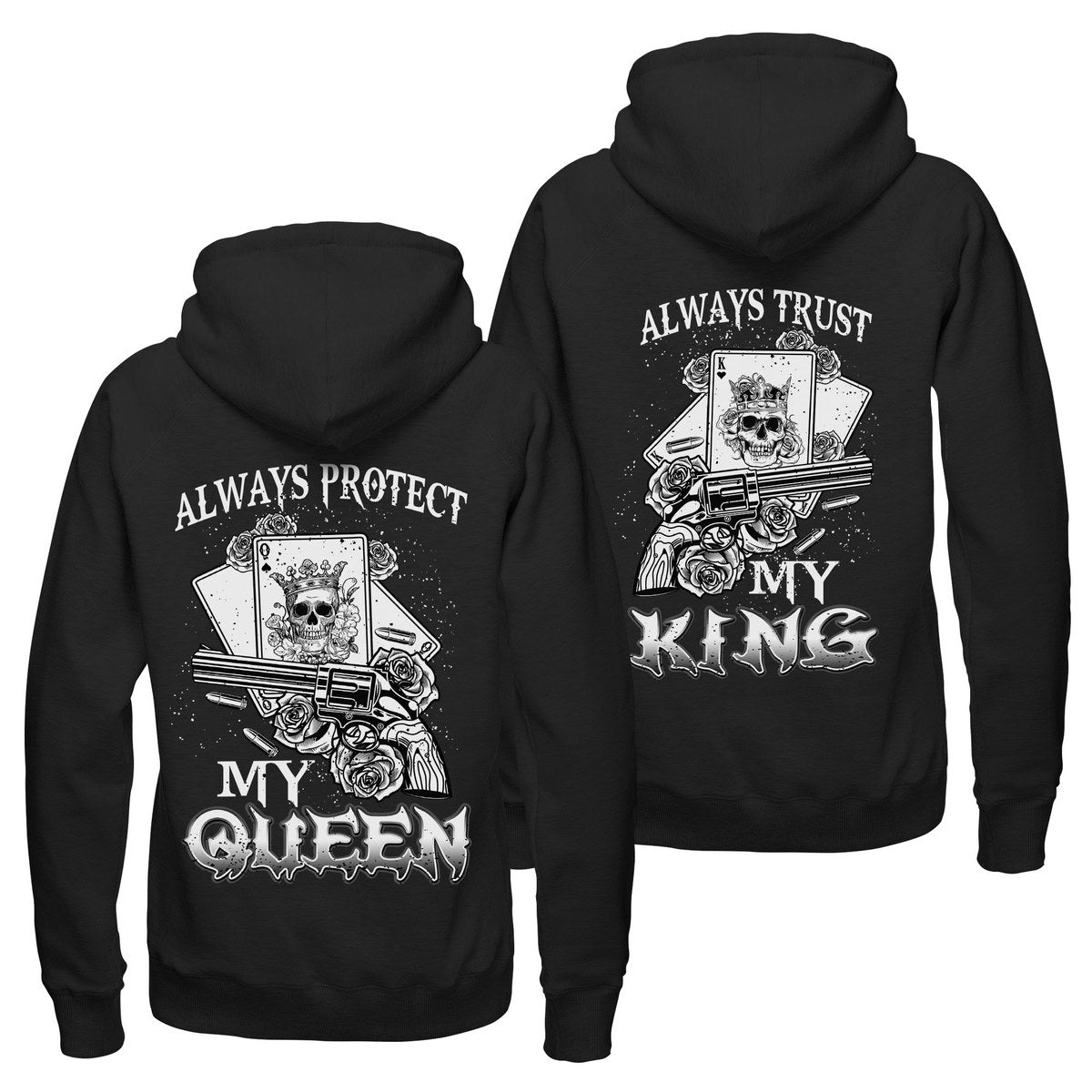 Always Protect My King Queen Lover Matching Gun Roses Skull Hoodie, Couple Lover Matching Hoodies, Couple Valentine Hoodie, Unisex Hoodie