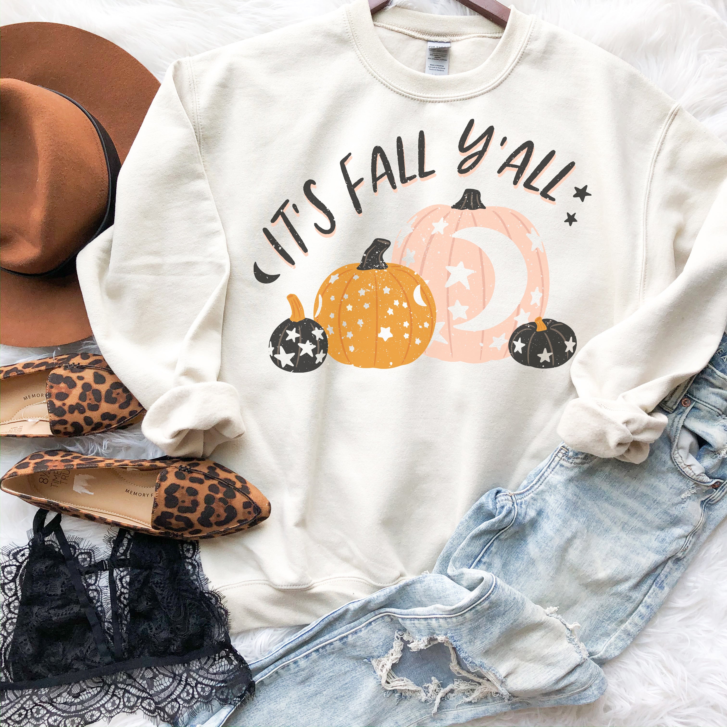 It’S Fall Y’All Pink And Black Pumpkin Sweatshirt