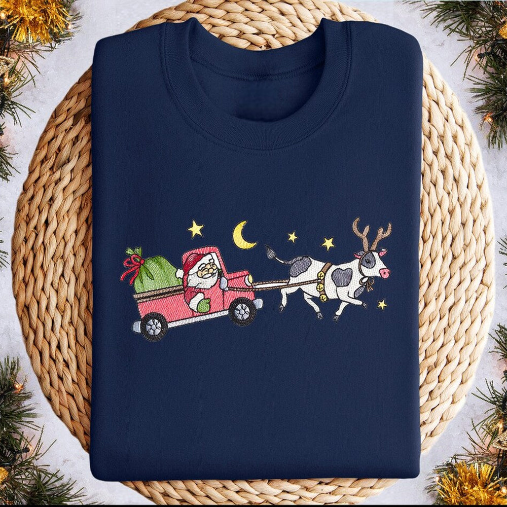Santa And His Cow Sleigh Christmas Embroidered Sweatshirt