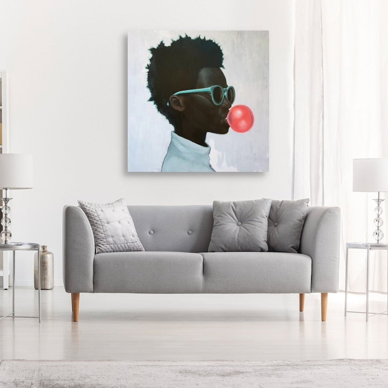 Black Art, African American Art, Black Boy Art, Boy Blowing Bubble Gum Canvas Art, Home Decor Wall Art