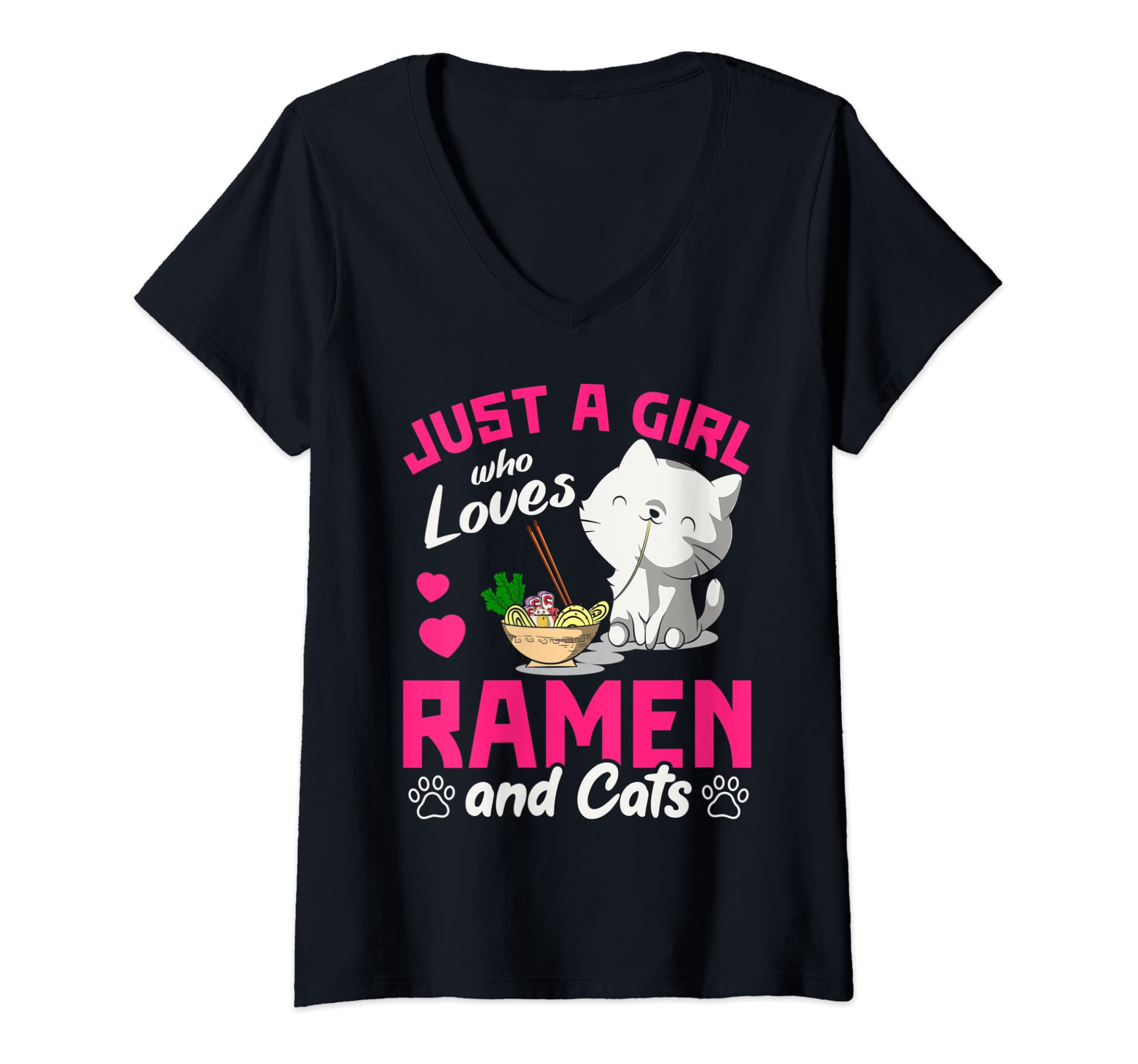 Womens Just A Girl Who Loves Ramen And Cats Cute Animal Gift Ramen V-Neck