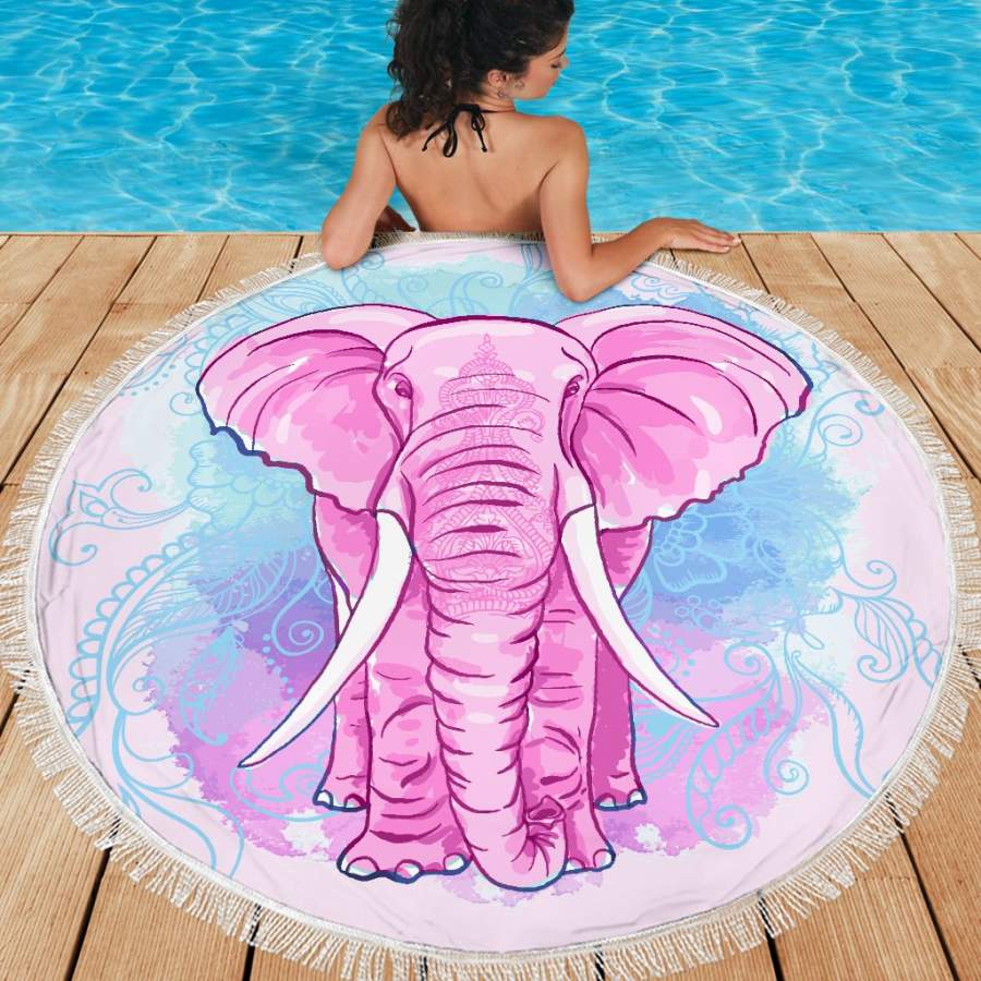 Pink Elephant Blanket Large Round Beach Blanket Towel Picnic Yoga Outdoor Mat