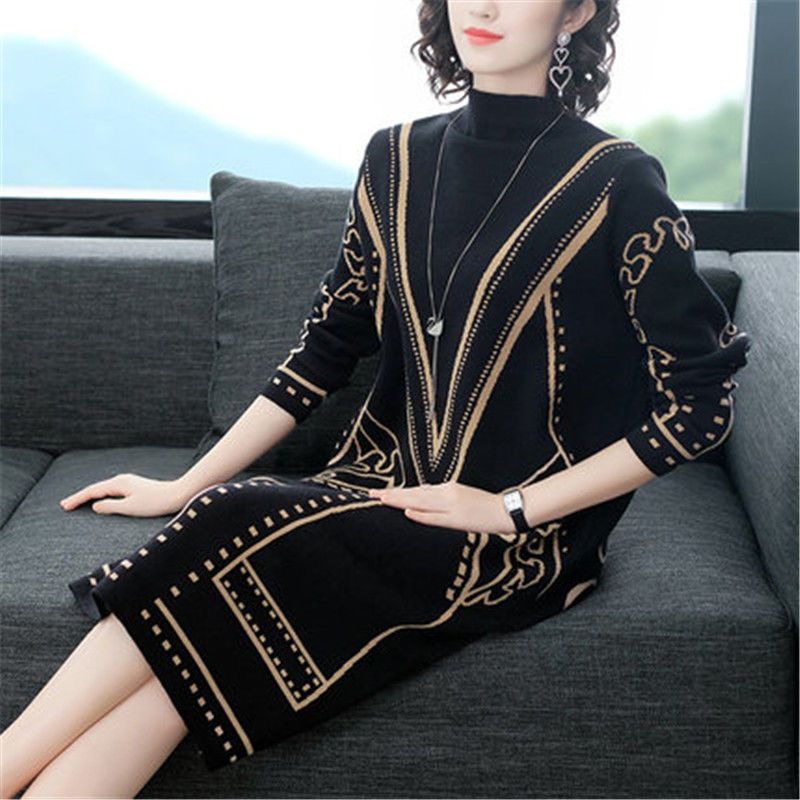 Women’s Autumn Vintage Casual Half Turtleneck Knitting Warm Dress Elegant Vestidos Sweater Pullover Midi Dresses for Female 2022 alx