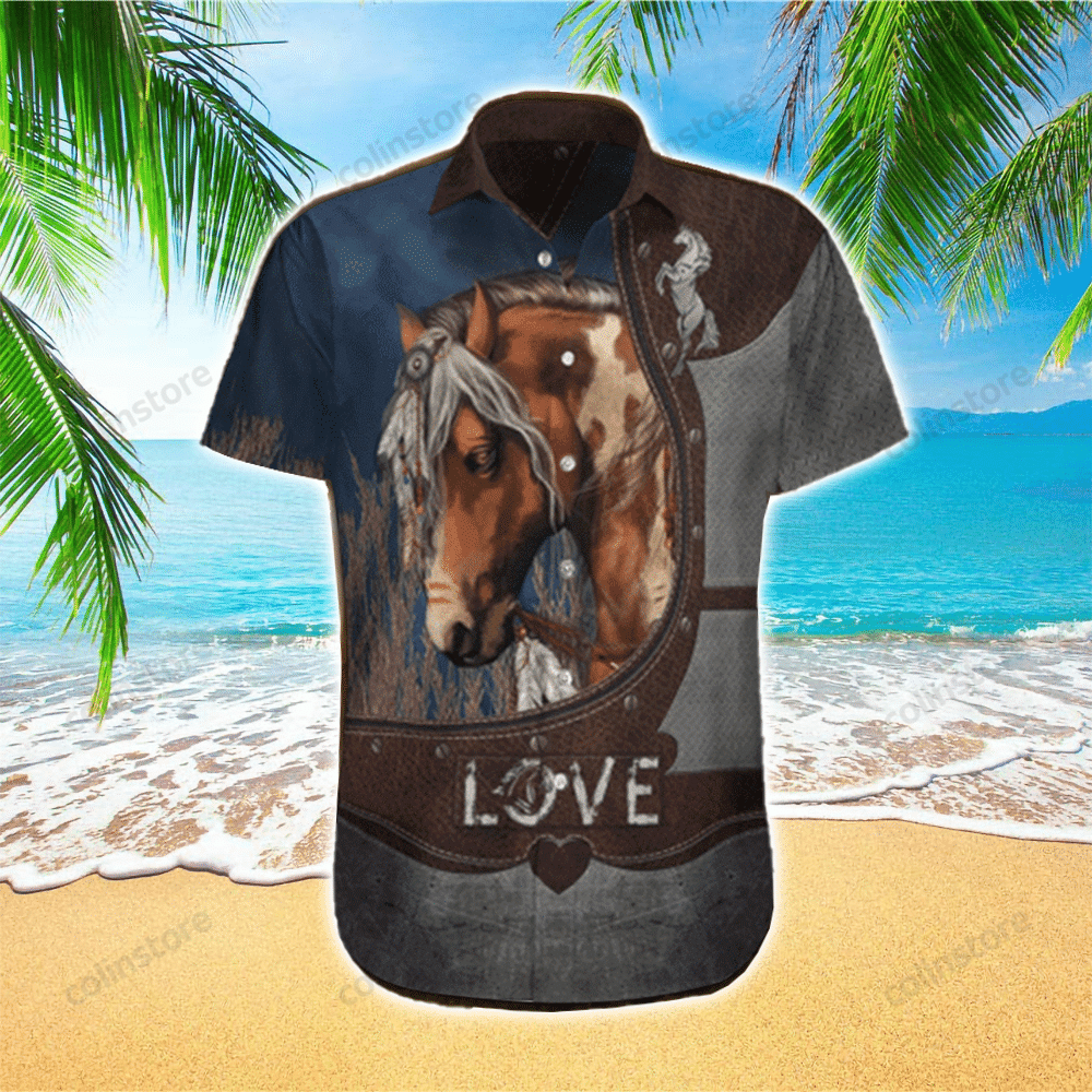 Horse Leather Love Brown Grey Hawaii Shirt Aloha Ha103351