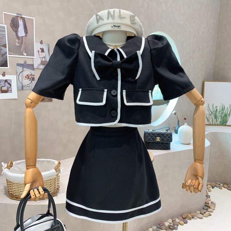 2022 Spring Summer New Temperament French Preppy Style Suit Color Contrast Bow Short Coat Tops + A-line Skirt Two-piece Set alx