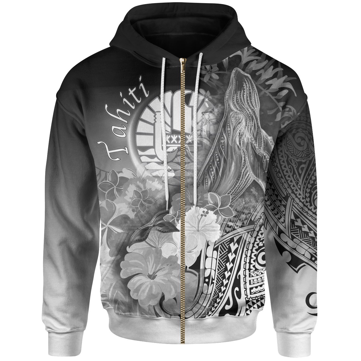 Tahiti Zip-Up Hoodie- Humpback Whale with Tropical Flowers (White)- Pacific Print Hoodie