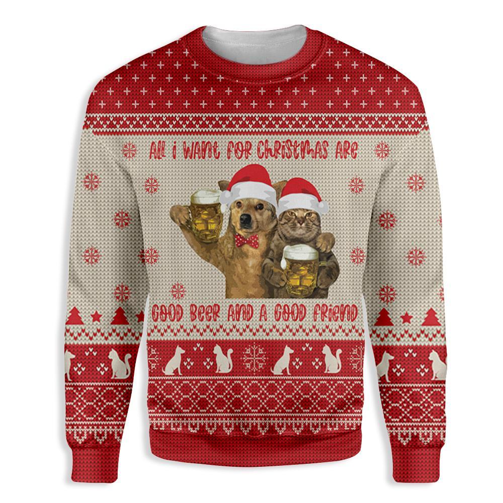 Cat All I Want For Christmas Are Good Beer And A Good Friend Ugly Christmas Sweater | For Men & Women | Adult | Us5458