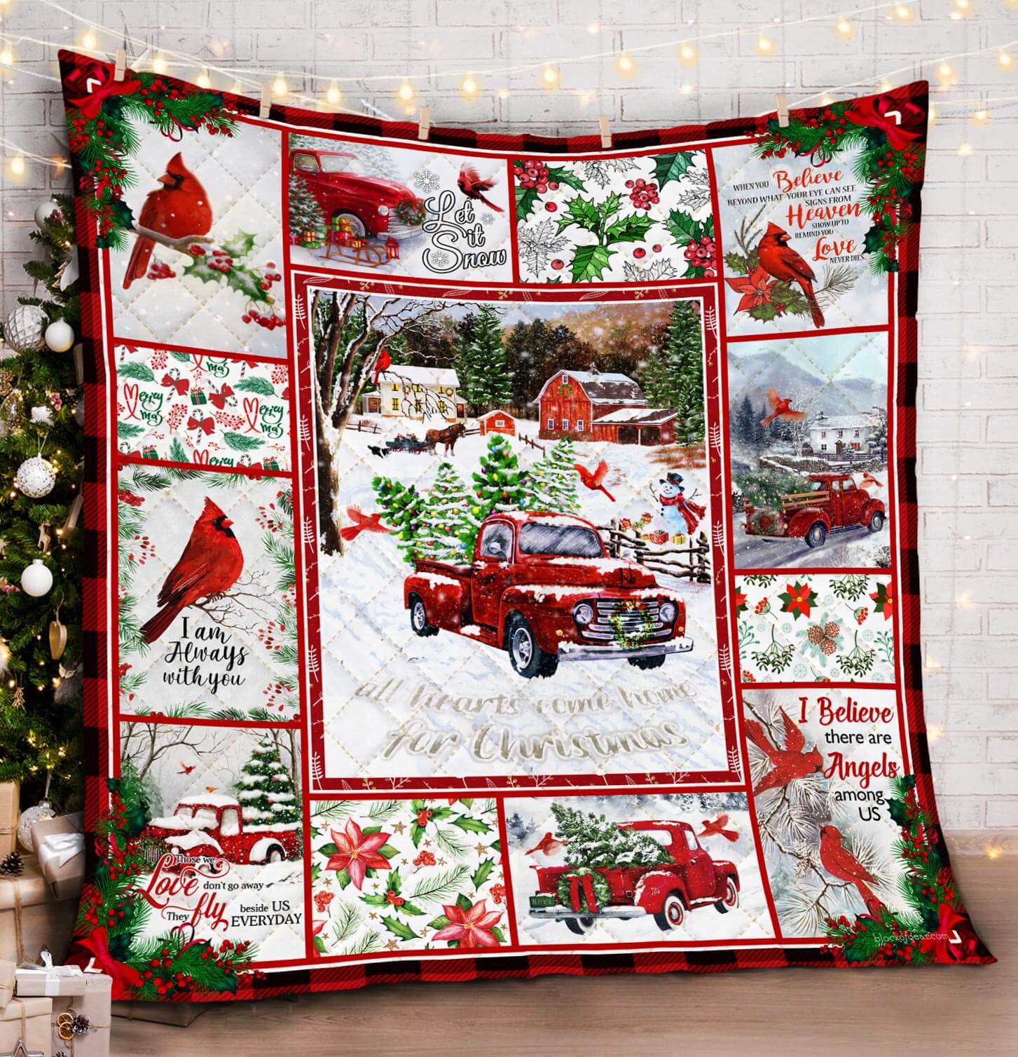 Cardinals Red Truck Christmas Quilt Blanket  All Hearts Come Home For Christmas Cardinals Red Truck Quilt Christmas Decor Gifts Ideas Presents Xmas Noel