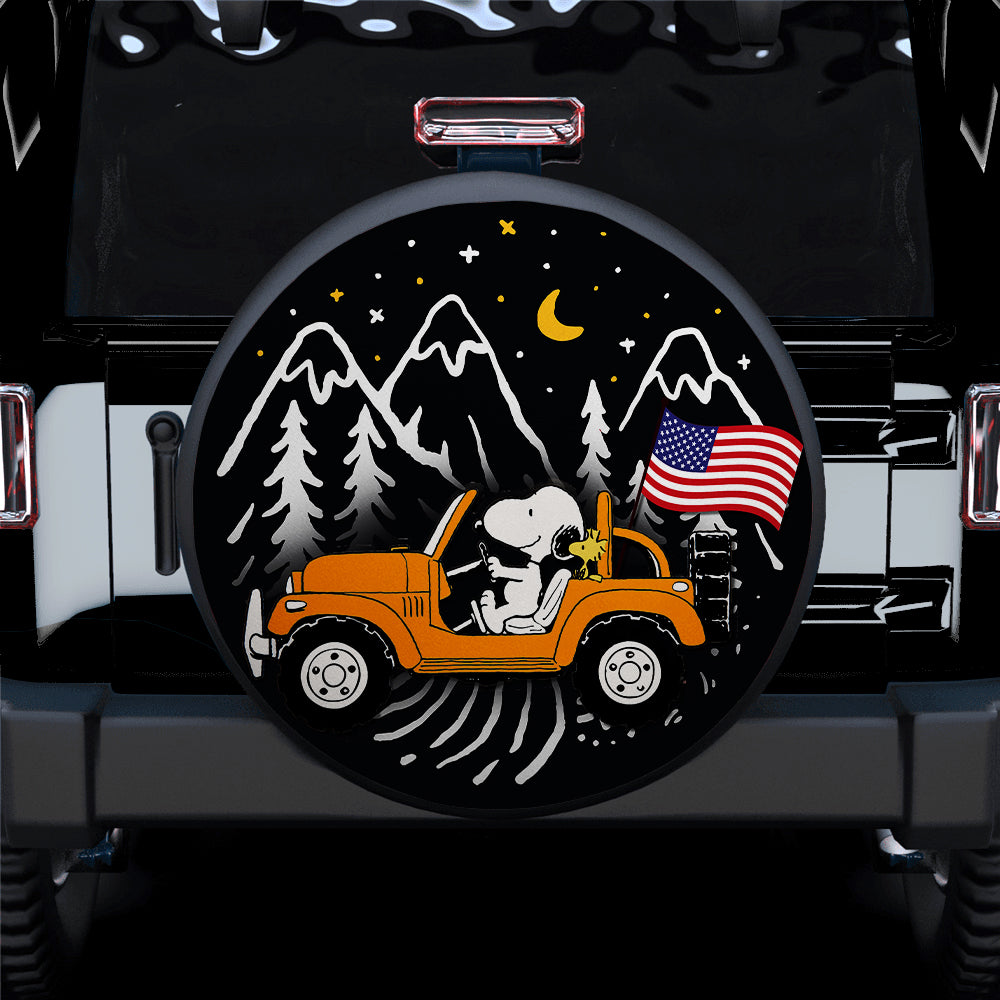 Snoopy Orange Jeep Us Flag Mountain Car Spare Tire Covers Gift For Campers