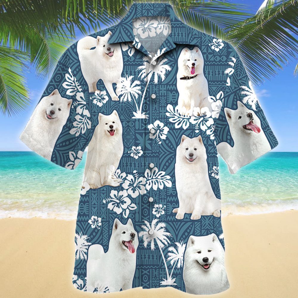 Samoyed Dog Blue Tribal Pattern Hawaiian Shirt Ha37691