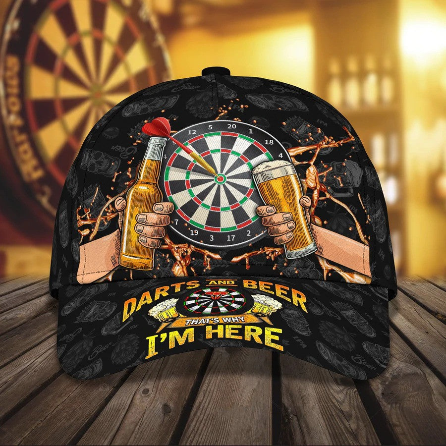 Personalized Dart & Beer I’M Here 3D Baseball Cap, Dart Hat For Man Dart Lovers, 3D All Over Printed Dart Hat For Husband