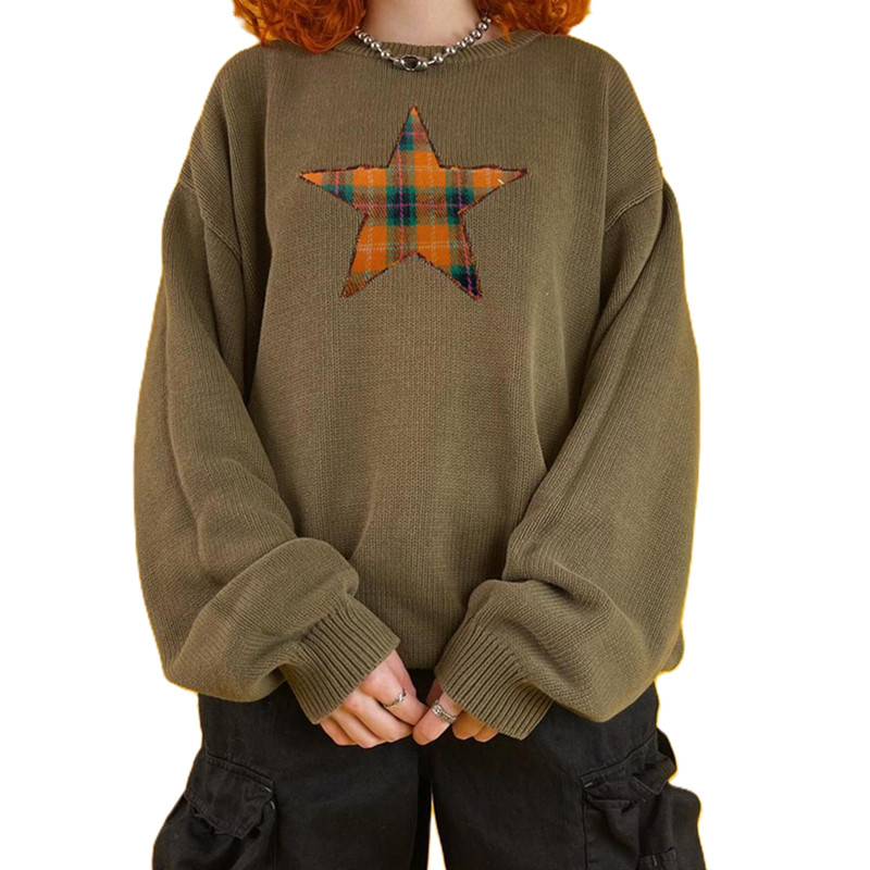 Xingqing Vintage Sweaters Grunge Aesthetic Star Print Long Sleeve Tops y2k Women Knit Jumper Clothes 2000s Pullover Streetwear alx