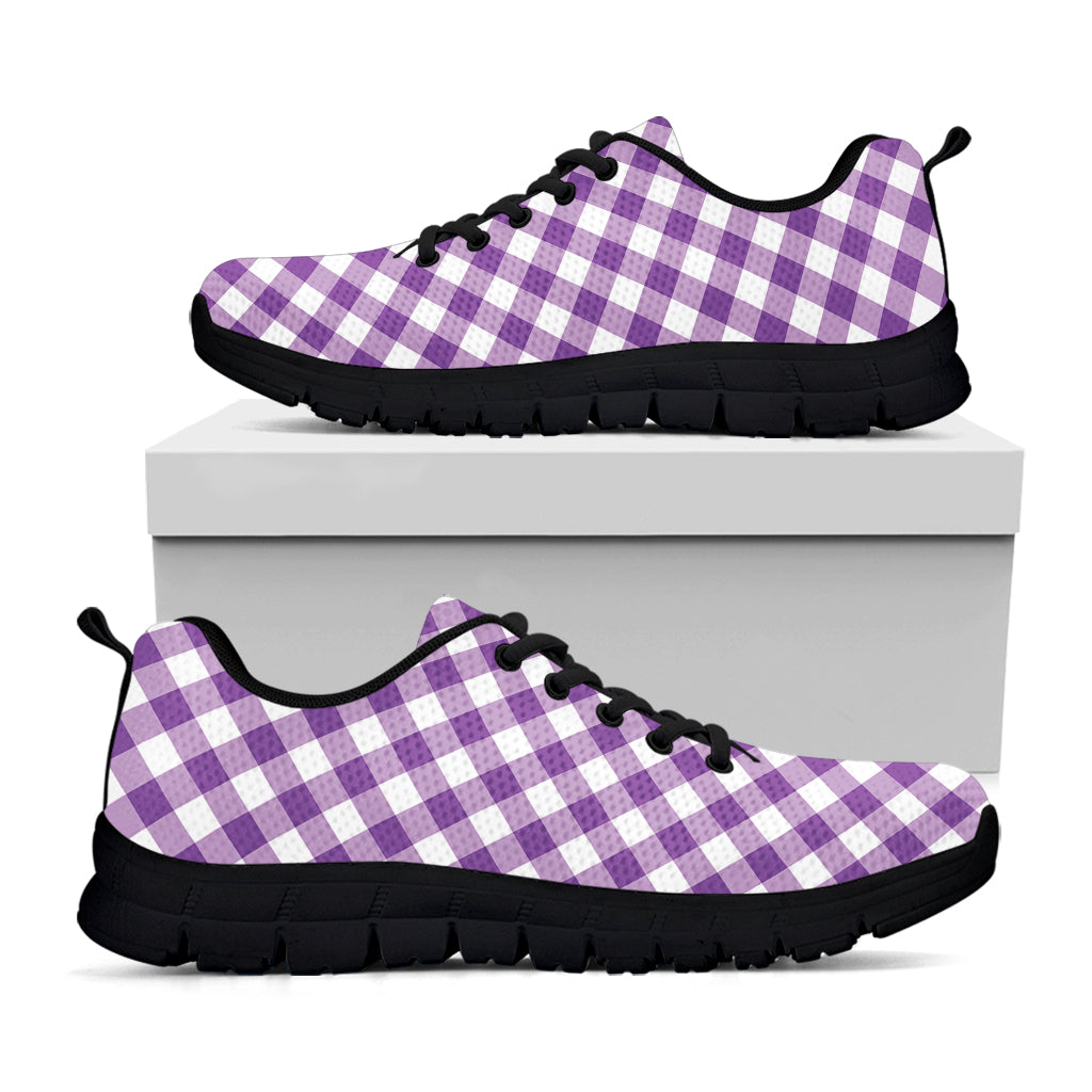 Violet And White Gingham Pattern Print Black Sneakers