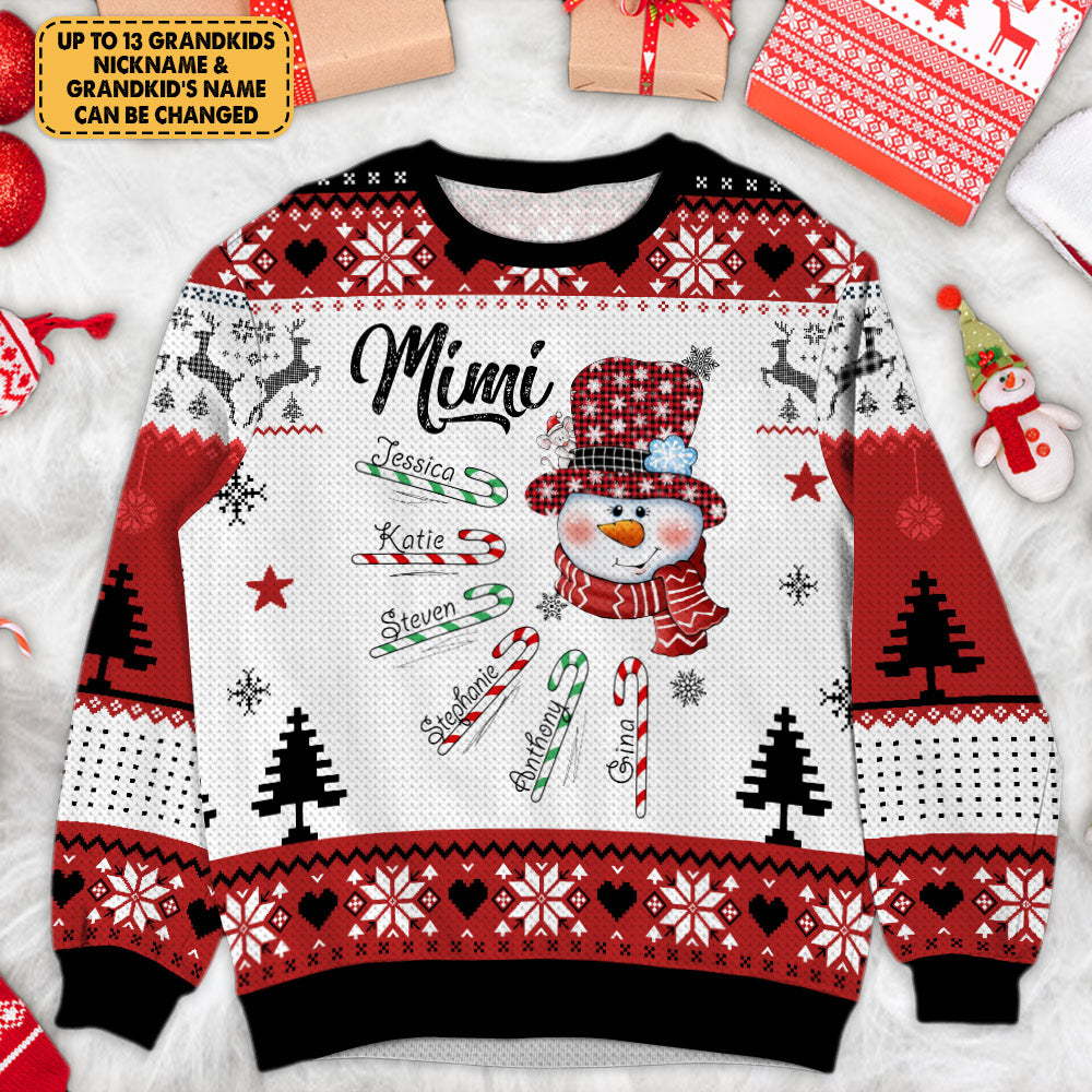 Christmas Custom Personalised – Grandma Nana Mimi Snowman With Grandkids Name Candy Christmas All Over Print Sweatshirt Lt8