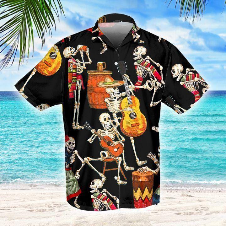 Beach Shirt Drinking And Guitar Skeleton Unisex Hawaiian Shirts