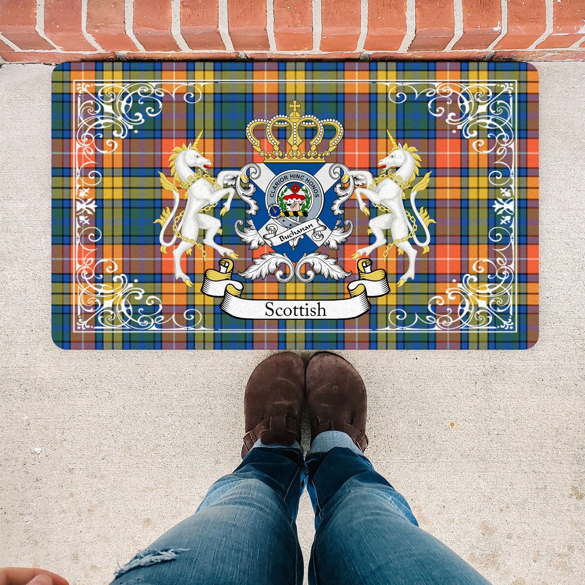 Scotstee Shop Tartan Door Mat Buchanan Ancient Clan Badge Tartan Scottish Plaid Doormat, Christmas Door Mat