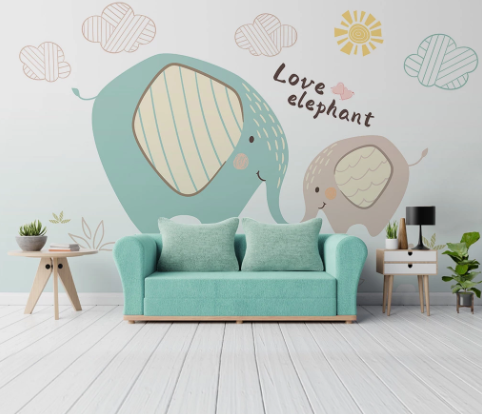 3D Cartoon Elephant Green Wall Mural Wallpaper Lqh 1