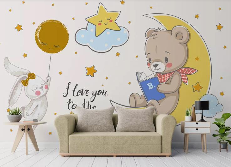 3D Cartoon Animal Bear Bunny Balloon Moon Wall Mural Wallpaper Lqh 472