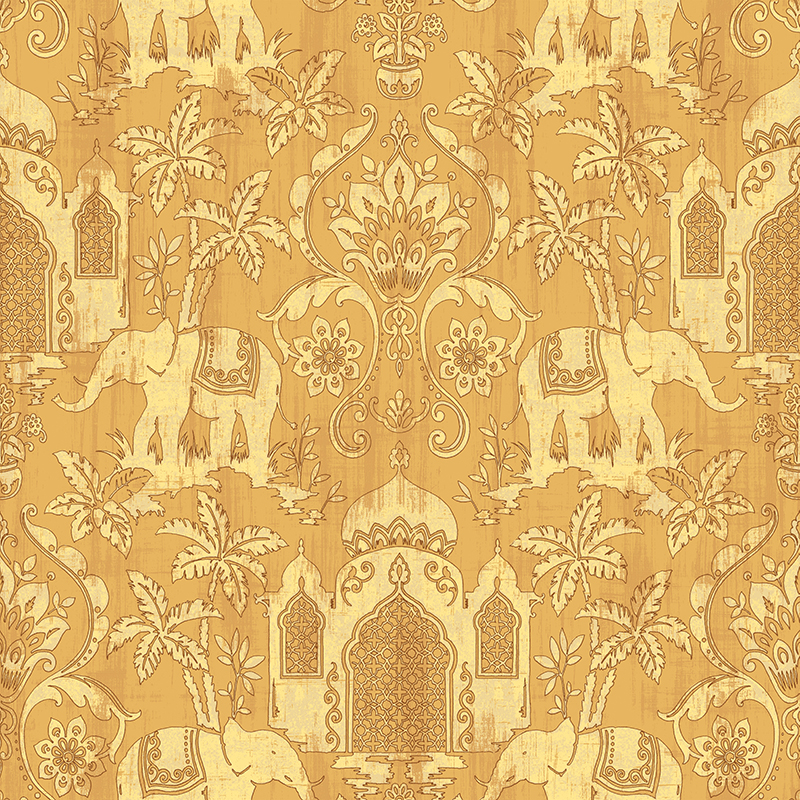 Temple Taj Mahal Elephant Palm Trees Tropical Wallpaper Metallic Shimmer Southeast Asia Thai Style Background Wall Paper alx