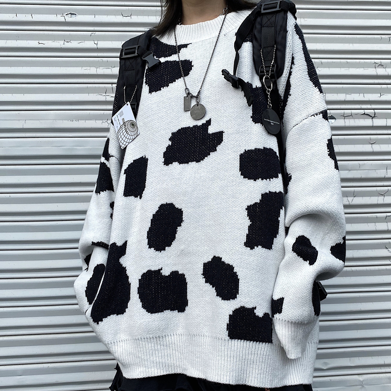 Autumn Winter Lady Cow Harajuku Loose Unisex Sweaters Women Street Thick O Neck Pullover Sweater Korean Fashion Cool Knit Top alx