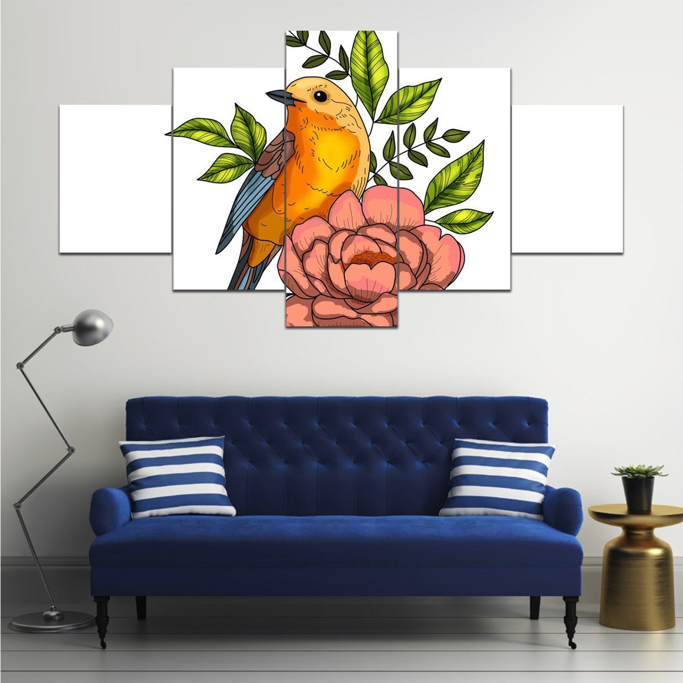 Bird Leaves Flower 5 Panel Canvas Art Wall Decor Home Decor