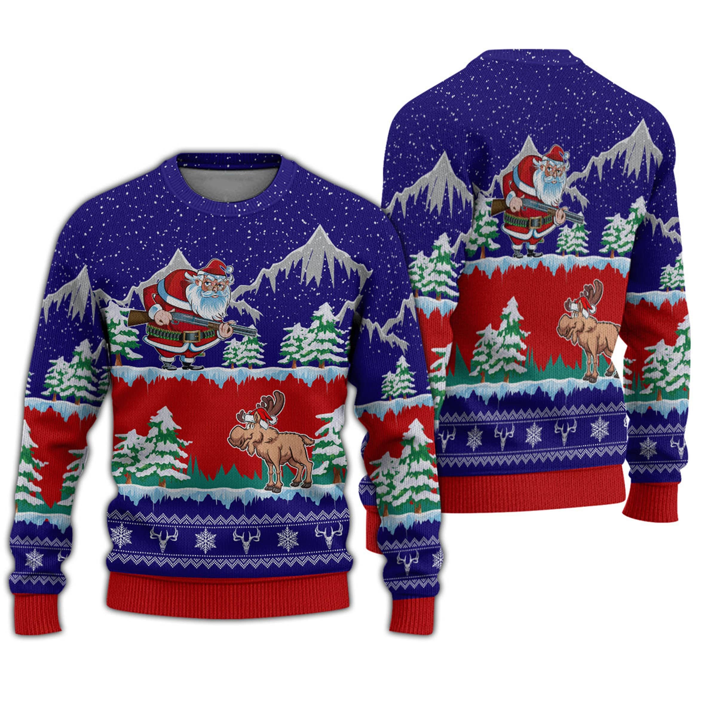 Unifinz Hunting Ugly Christmas Sweater Moose Hunter Santa Blue Sweater 2022