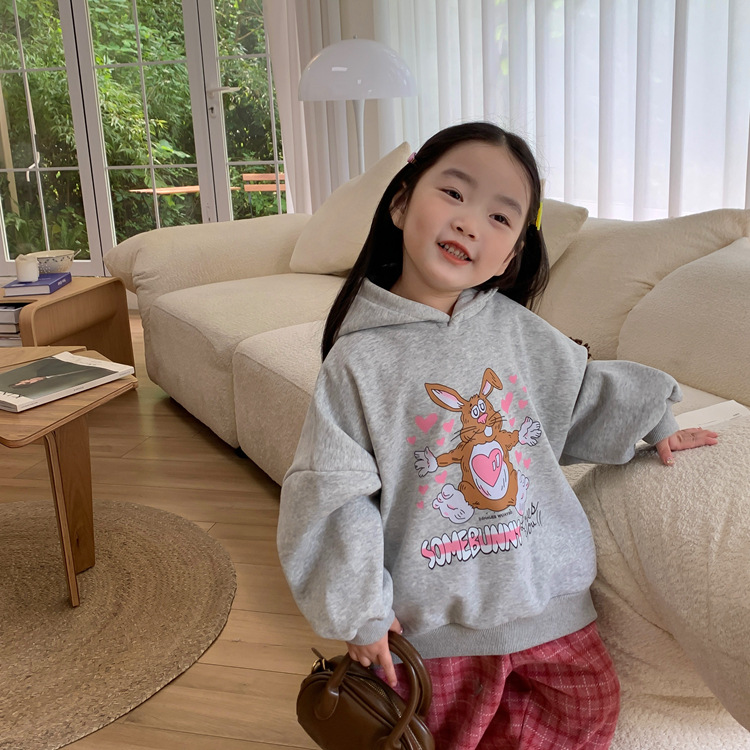 3774C Children Sweater 2022 Autumn New Korean Cartoon Rabbit Girl’s Pullover Sweater Hooded Sweater Grey Boy’s Pullover alx